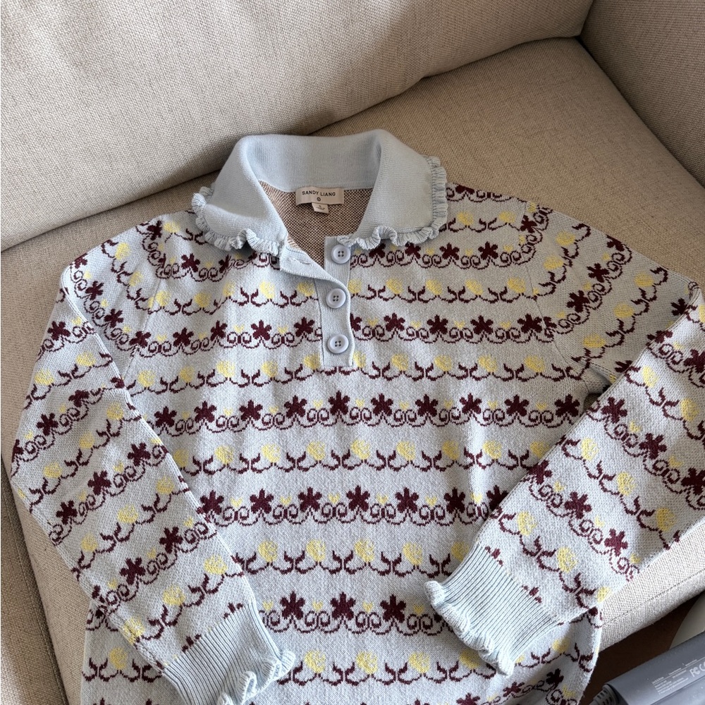 Sandy Liang Light Blue Crewneck Sweater with Burgundy Floral Stripes